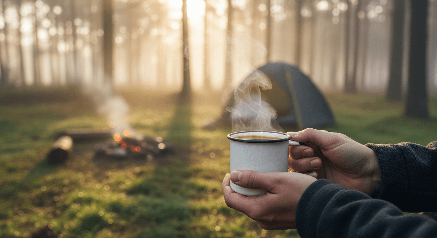 Hands holding a steaming mug of coffee at a misty morning campsite