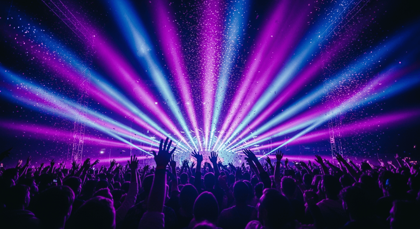 A vibrant music festival crowd illuminated by colorful stage lights at night