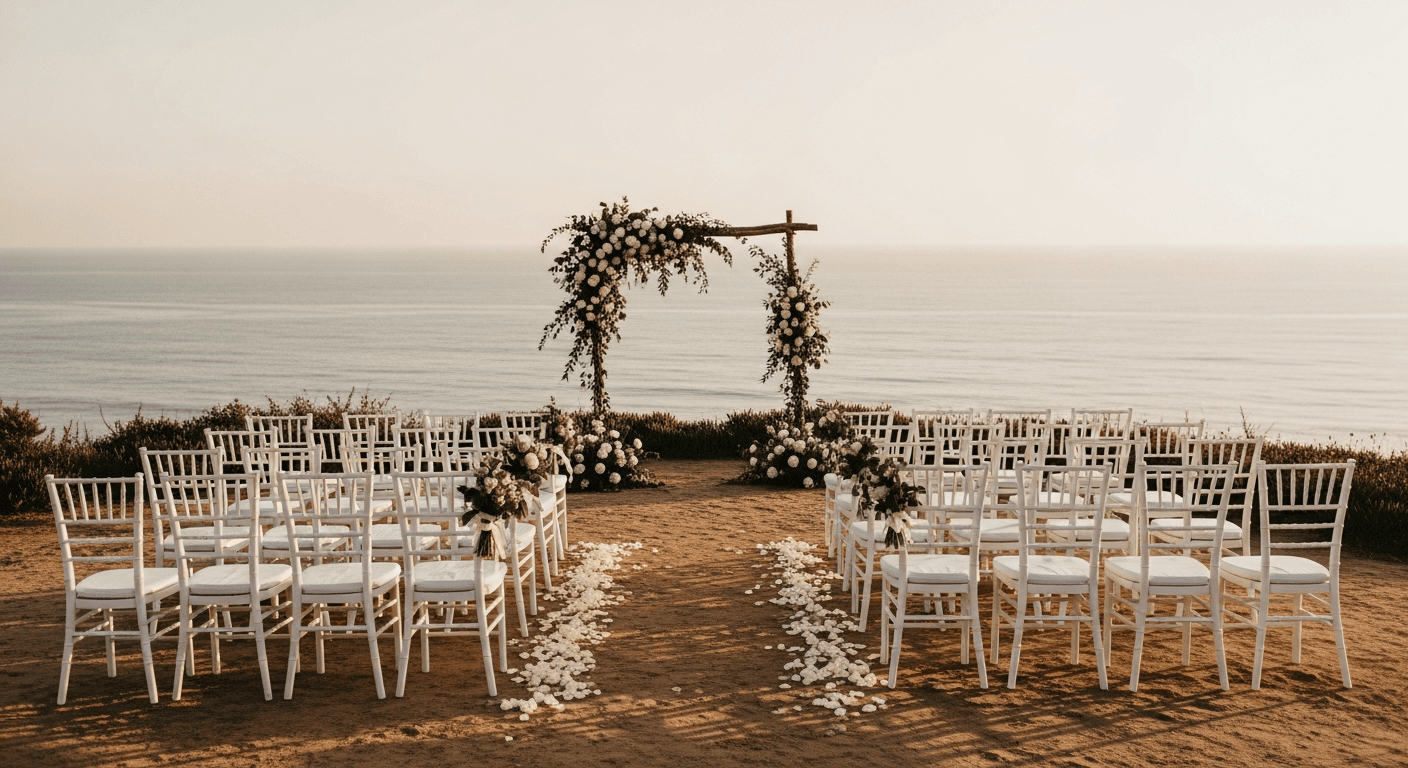 An intimate destination wedding ceremony setup on a clifftop overlooking the ocean